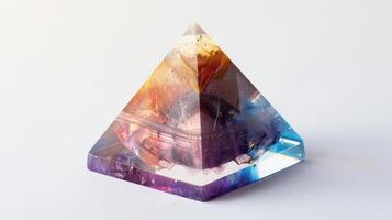 Colorful crystal pyramid reflecting vibrant light with abstract patterns displayed on a clean surface photo
