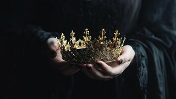 mysteriousand magical image of woman's hand holding a gold crown photo