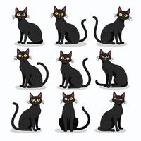 Illustration of nine black cats sitting in various positions with playful expressions and yellow eyes on a white background. vector