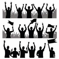 Silhouettes of enthusiastic crowd celebrating with raised arms and waving flags. vector