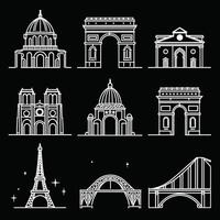 A collection of white line art illustrations of iconic architectural landmarks set against a black background. vector