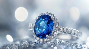 Stunning Sapphire Engagement Ring with Diamond Halo and Band photo
