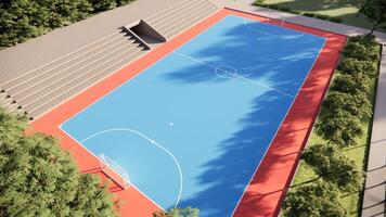 Aerial drone view of futsal pitch with blue and red color photo