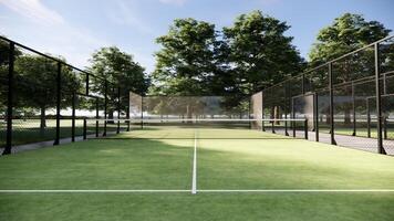 Padel court with lines, net and glass structure at rural area photo