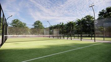 Padel court with lines, net and glass structure at rural area photo