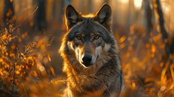 a wolf standing in the middle of a forest photo