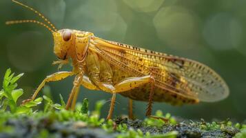 a close up of a grasshopper insect on a mossy surface photo