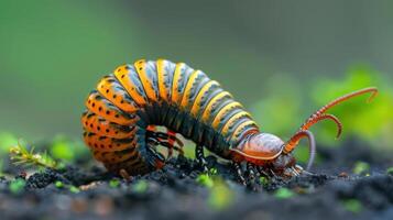 a close up of a caterpillar on the ground photo