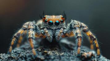 a close up of a jumping spider on a rock photo
