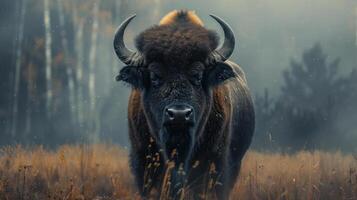 a bison standing in a field of tall grass photo