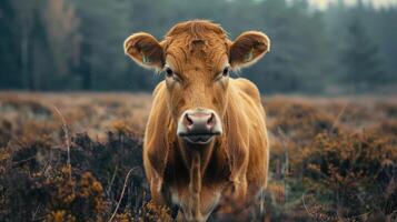a close up of a cow in a field photo