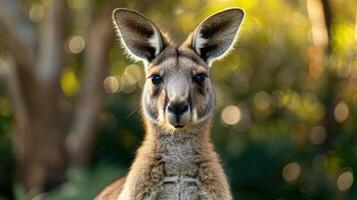 a close up of a kangaroo with trees in the background photo