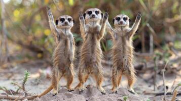 a group of three meerkats standing on top of a rock photo