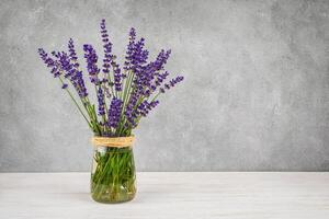 Fresh bouquet of blooming lavender in vase on gray abstract background photo