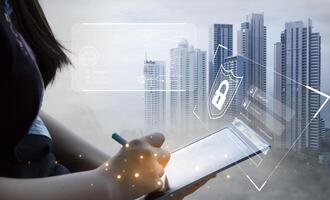 cybersecurity concept, user privacy security and encryption, secure internet access Future technology and cybernetics, screen padlock. photo