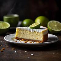 A slice of cheese-cake with lemon flavor and whipped cream on a white plate and wooden table background. photo