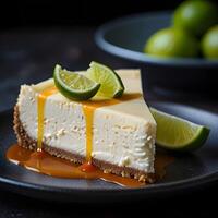 A slice of cheese-cake with lemon flavor and whipped cream on a white plate and wooden table background. photo