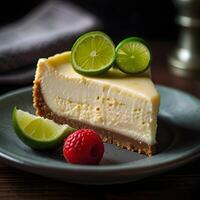 A slice of cheese-cake with lemon flavor and whipped cream on a white plate and wooden table background. photo