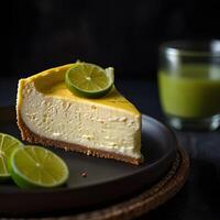 A slice of cheese-cake with lemon flavor and whipped cream on a white plate and wooden table background. photo