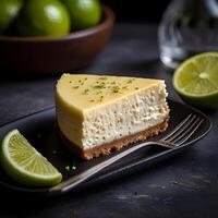 A slice of cheese-cake with lemon flavor and whipped cream on a white plate and wooden table background. photo