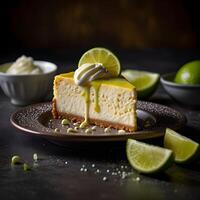 A slice of cheese-cake with lemon flavor and whipped cream on a white plate and wooden table background. photo