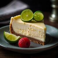 A slice of cheese-cake with lemon flavor and whipped cream on a white plate and wooden table background. photo