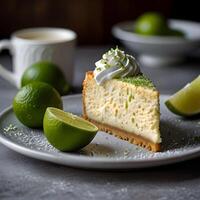 A slice of cheese-cake with lemon flavor and whipped cream on a white plate and wooden table background. photo