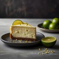 A slice of cheese-cake with lemon flavor and whipped cream on a white plate and wooden table background. photo