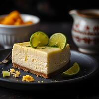 A slice of cheese-cake with lemon flavor and whipped cream on a white plate and wooden table background. photo