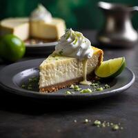 A slice of cheese-cake with lemon flavor and whipped cream on a white plate and wooden table background. photo