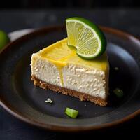 A slice of cheese-cake with lemon flavor and whipped cream on a white plate and wooden table background. photo