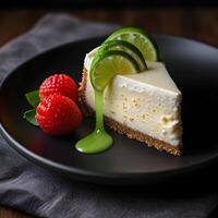 A slice of cheese-cake with lemon flavor and whipped cream on a white plate and wooden table background. photo