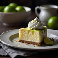 A slice of cheese-cake with lemon flavor and whipped cream on a white plate and wooden table background. photo