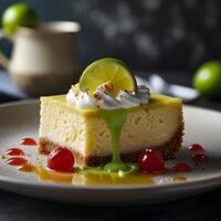 A slice of cheese-cake with lemon flavor and whipped cream on a white plate and wooden table background. photo