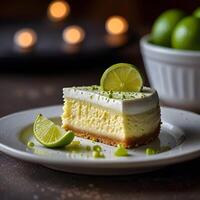 A slice of cheese-cake with lemon flavor and whipped cream on a white plate and wooden table background. photo
