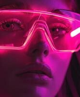 A person wearing neon pink glasses in a vaporwave-inspired setting photo