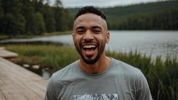 A man is smiling while standing on a dock photo