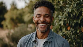A smiling man in front of trees photo