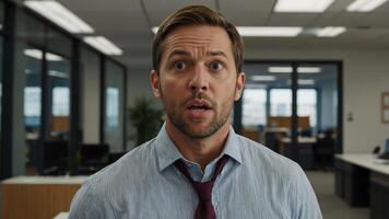 A man in an office with a surprised look on his face photo