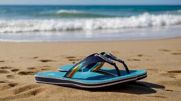 A pair of flip flops on the beach with the ocean in the background photo