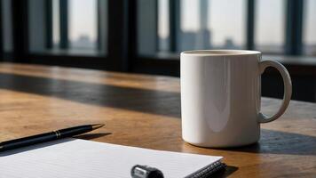 A coffee mug and a notepad on a wooden table with a city view photo