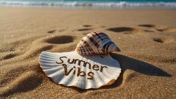 Summer vibes on the beach with a seashell and the word summer vibes photo