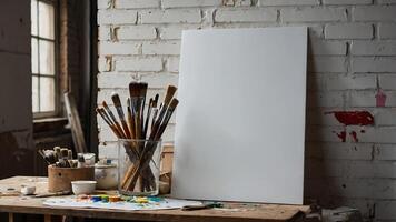 An empty canvas with paintbrushes and brushes on a table photo