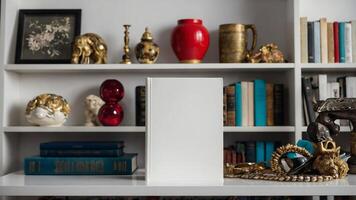 A white box sits on a shelf in front of a bookcase photo