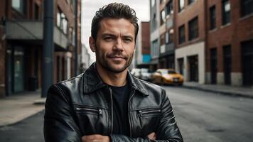 A man in a leather jacket standing in the middle of an empty street photo