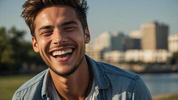 A man is smiling and laughing in front of a city photo