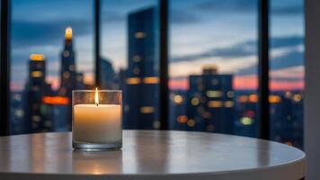 A candle sits on a table in front of a cityscape photo