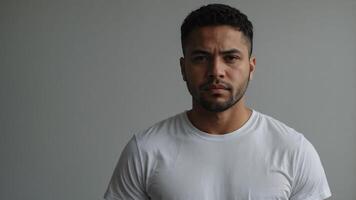 A man in a white t - shirt standing in front of a gray background photo
