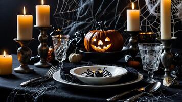 A halloween table setting with candles and spider web photo