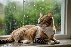 A cat sitting on a window sill in the rain photo